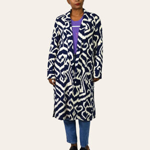 Anthropologie Robbie Duster Jacket Blue Abstract Geometric Open Midi Coat Small